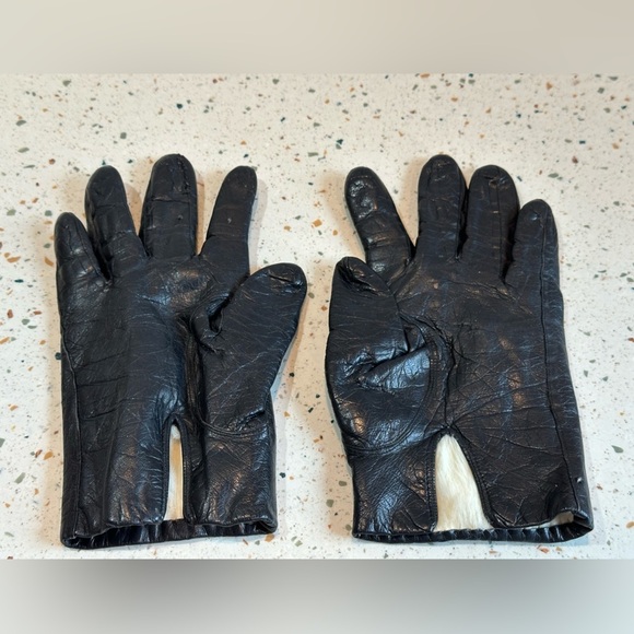 Vintage Black Leather Gloves with Rabbit Fur Lining‎ Made Italy - Picture 7 of 12